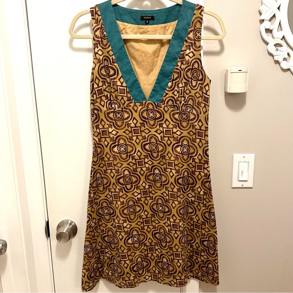 Tocca Abstract Geometric Sleeveless Mini Shift Dress 6 V-neck Cotton Brown Teal